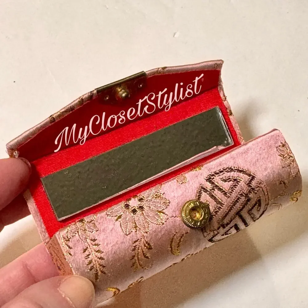Lipstick Mirror Vintage SILK BROCADE Makeup Case NEW Mini Pocket/Purse Pink Gold
